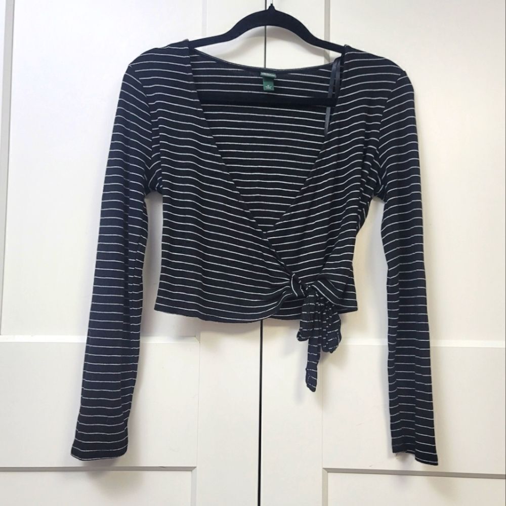 Black and White Wrap Crop Blouse with Tie Front